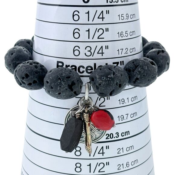 Sterling Silver 950 Black Lava Bead Figa Huayruro Knot Jet Stretch Bracelet 7" - Picture 4 of 6